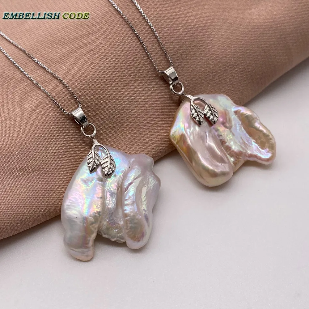 20mm-25mm Baroque Irregular Pearl Charming Pendant White Peach Flat Rectangle Box Chain 16'' 18inch