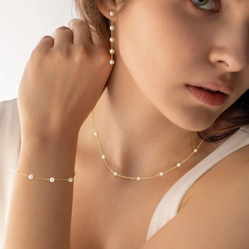Gold Jewelry Set for Women, Dainty 14K Gold/Silver Plated Pearl Necklace and Earring Set with Drop Earrings Bracelets Necklace - 2