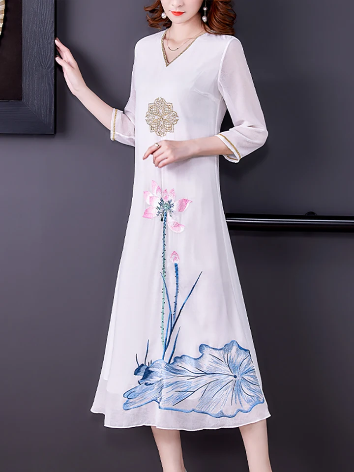 女性用ホワイトフローラルシルクミディドレス,Vネック,ライト