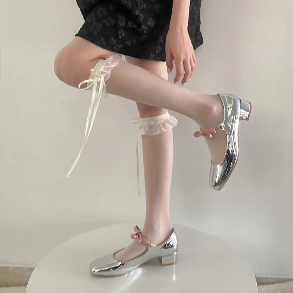 Balletcore Lolita Harajuku Kawaii koronka słodkie koreańskie przezroczyste skarpety Y2K pończochy damskie pończosznicze wstążki kokardki