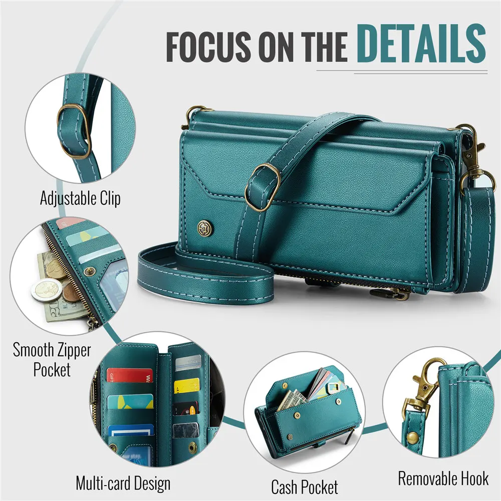Leather Crossbody Wallet Case with Lanyard and Zipper Cover