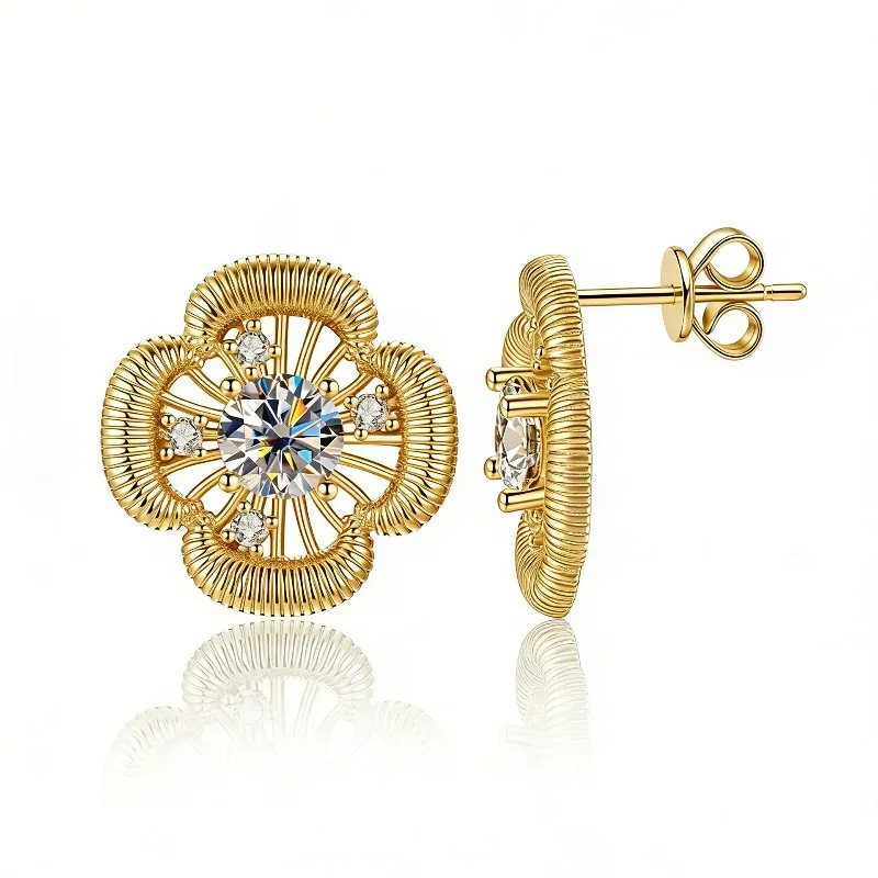 925 Sterling Silber Kleeblatt Moissanit Ohrstecker für Damen, Feiner Schmuck, 14k Vergoldete Blumenohrringe, Testergeprüft, Geburtstagsgeschenk – Detail 6