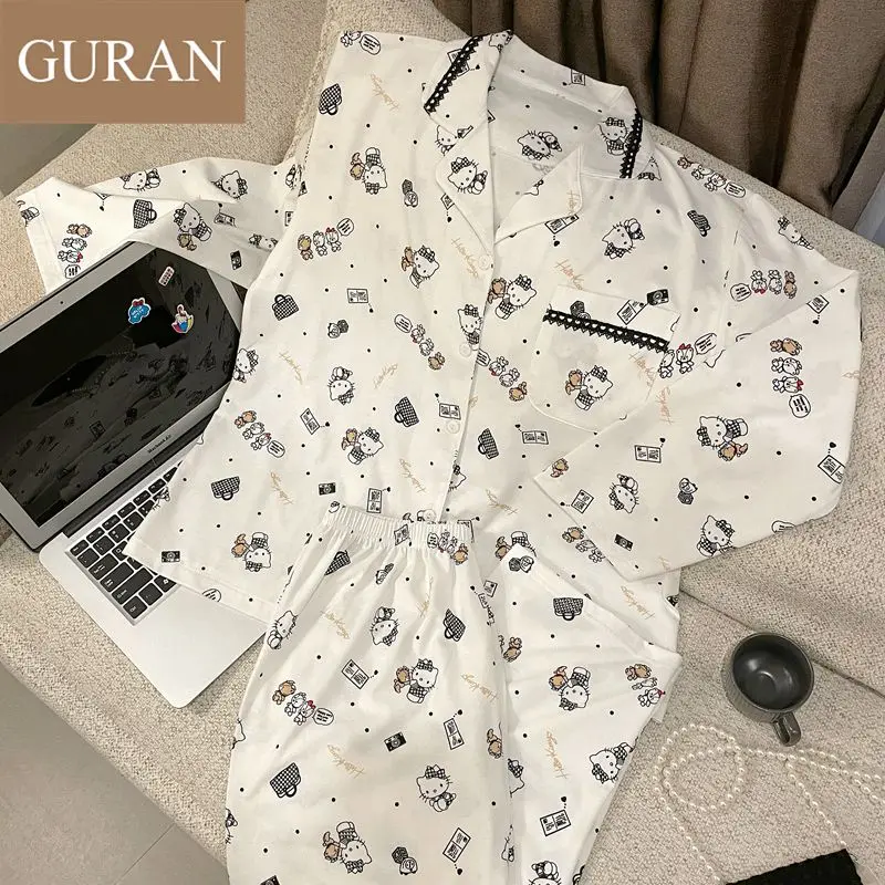 

Sanrios Cute Pajamas for Women Kuromi Ins Fall White Cotton Loungewear Sleep Tops and Sleep Bottoms Pajama Sets