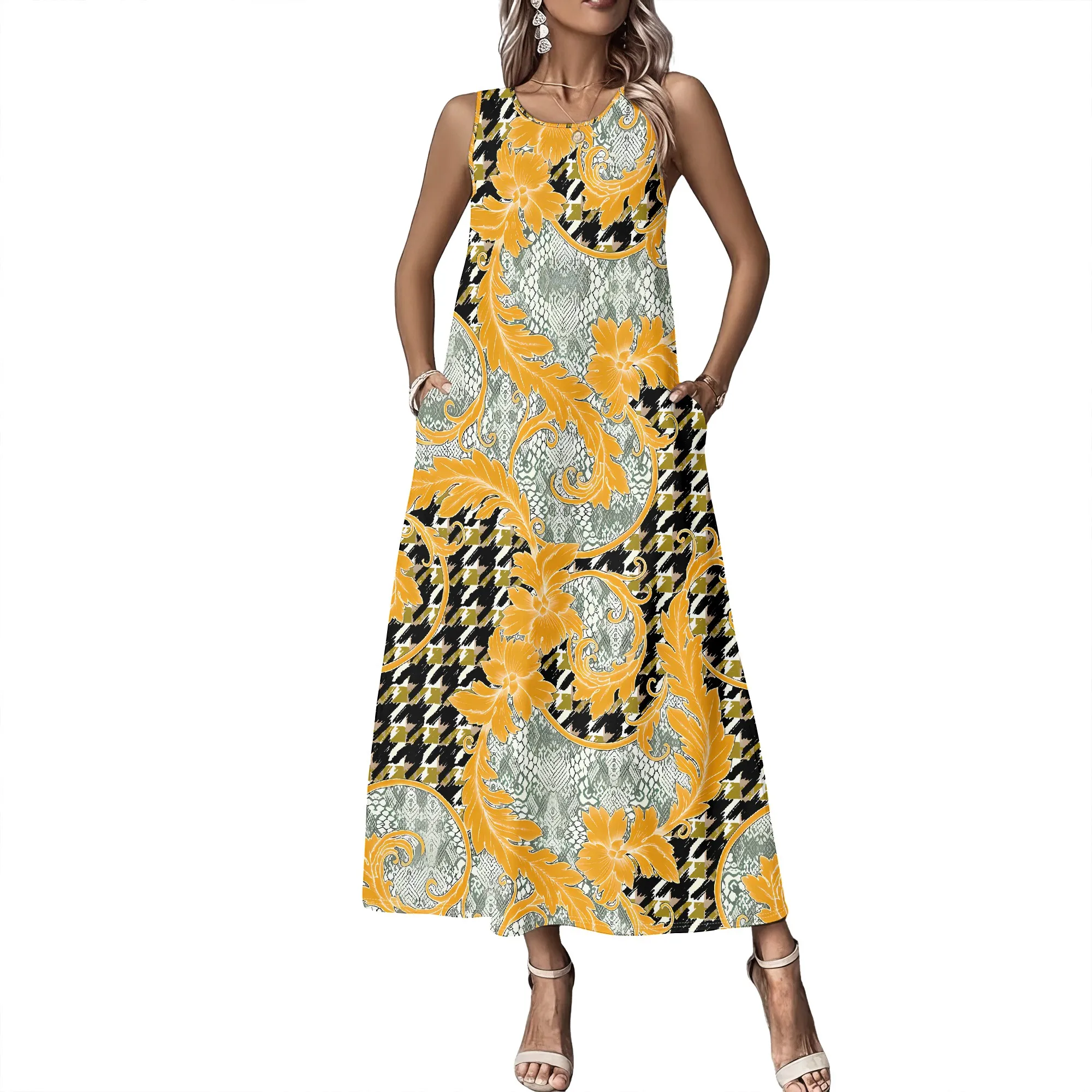 Ärmelloses Sommerkleid für Damen mit Rundhalsausschnitt, 3D-Modisch Bedrucktes Langes Swing-Kleid – Detail 1