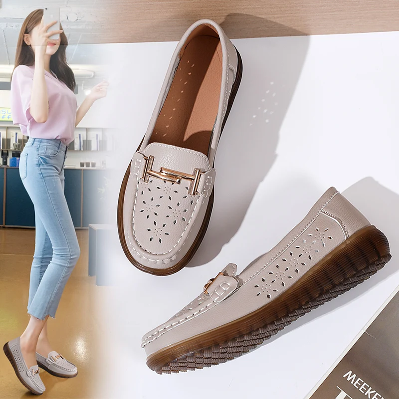 

Woman Flats Ballet Shoes Cut Out Leather Loafers Breathable Moccasins Women Boat Shoe Ballerina Ladies Casual Flat Sneakers 2022