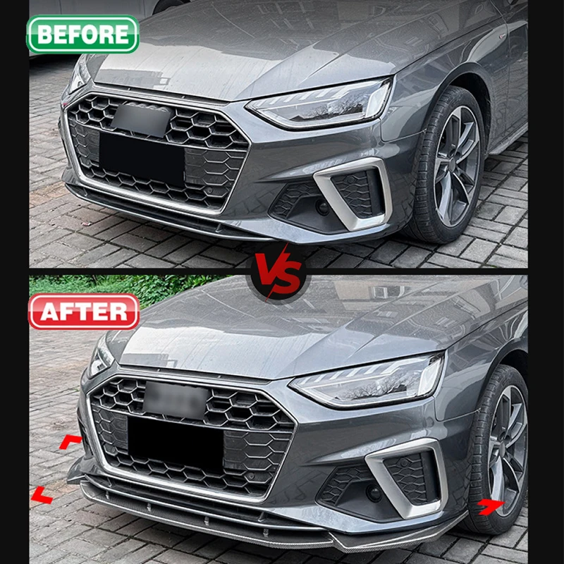 아우디 A4 S4 B9.5 2020+ S라인 글로시 블랙 ABS 프론트 범퍼 립 스포일러 바디킷 3PCS 범퍼 보호