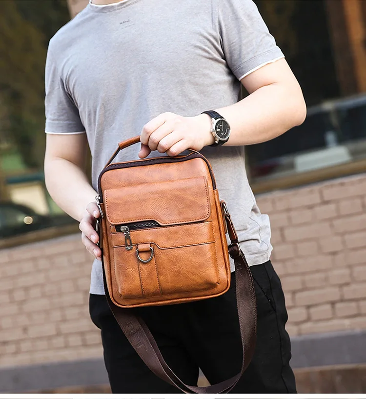 Men Shoulder Bag PU Waterproof Retro Business Fashion Handsome Multi Layered Divided Crossbody Large Capacity Handbags