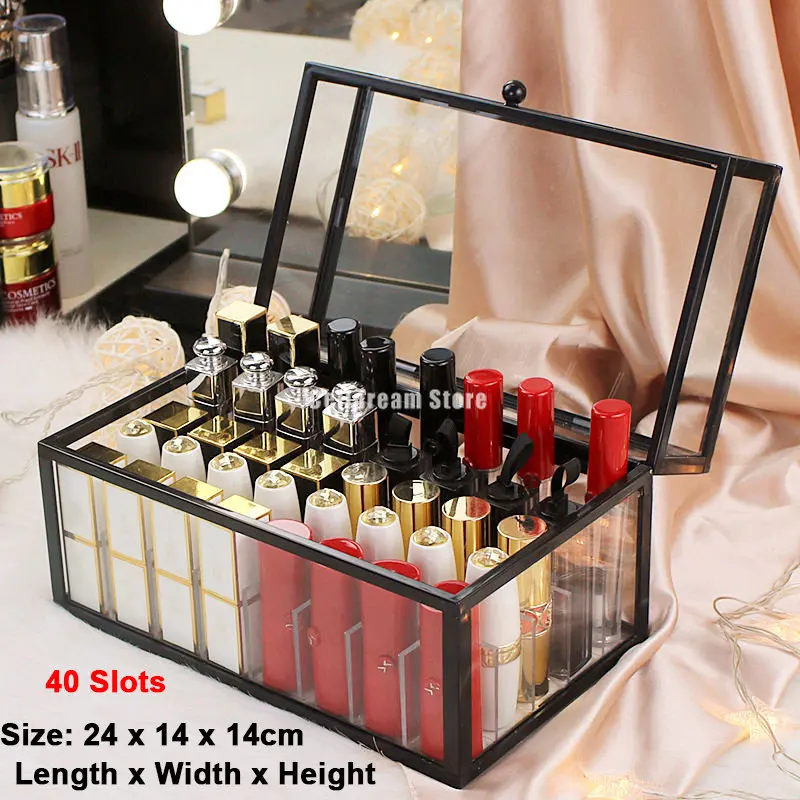 15/24/40 Slots Glass Lipstick Holder Dustproof Display Case Beauty Storage  Box Luxury Makeup Organizer with Removable Dividers
