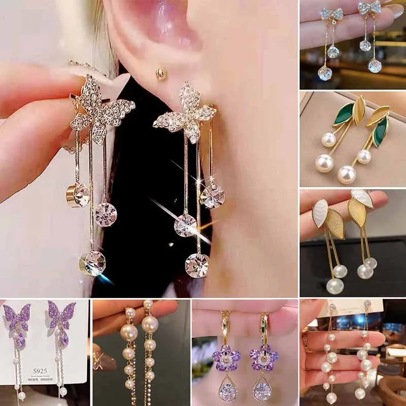 

925 Silver Needle New Full Crystal Butterfly Tassel Earrings For Women Jewelry Fashion Korean Fairy Rhinestone Drop Earrings