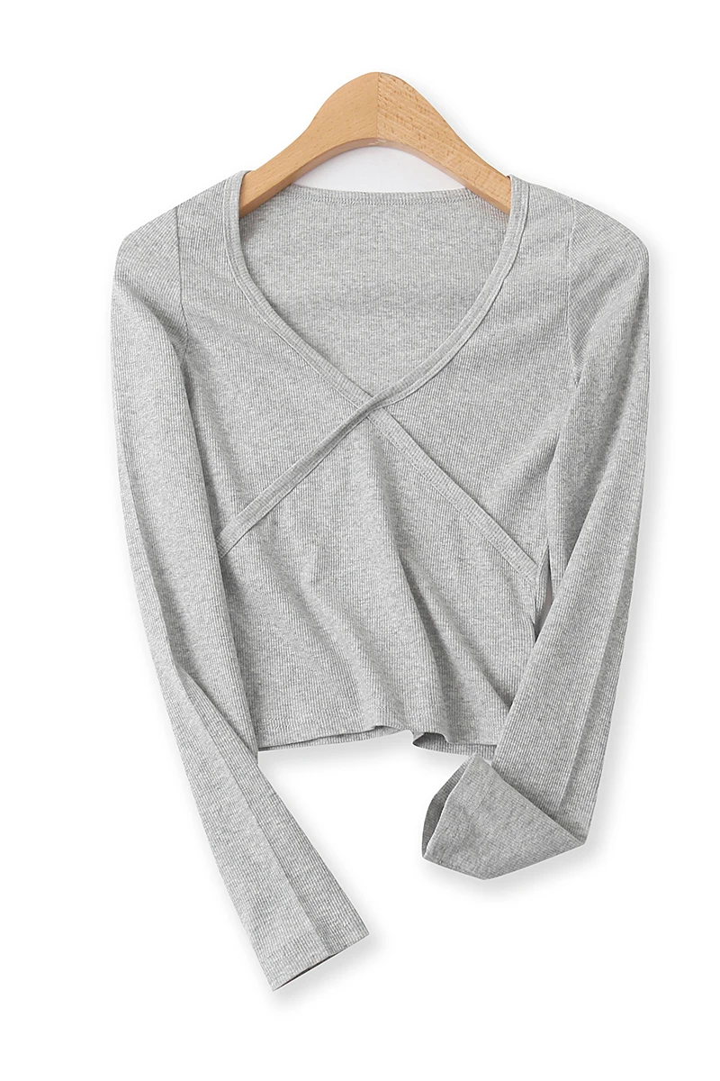 

Вязаная летняя футболка, новинка, однотонный пуловер с резьбой и V-образным вырезом, Топ с длинным рукавом 15194