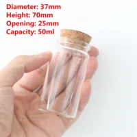 6 Pcs/lot  25*37*70mm 50ml Little Glass Bottle Stopper Dragees Glass Jars Storage for Spice Candy Containers Vials Test Tube 1