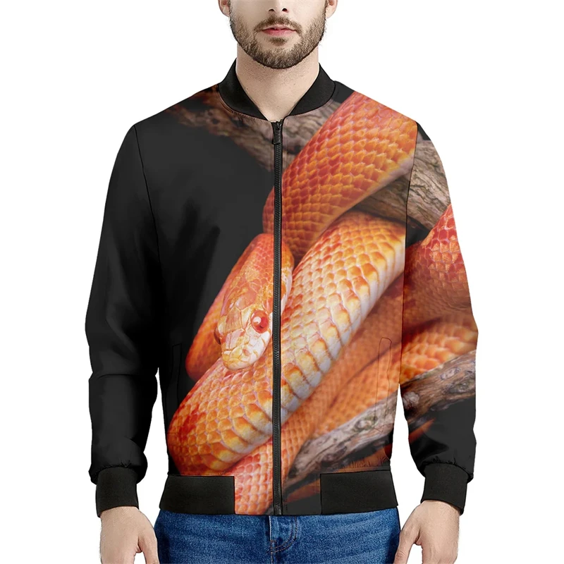 Chaqueta deportiva con estampado 3D de serpiente de terror para primavera y otoño de 2024, chaqueta de estilo aviador con cuello alto para uso diario, ropa de calle, tops con cremallera