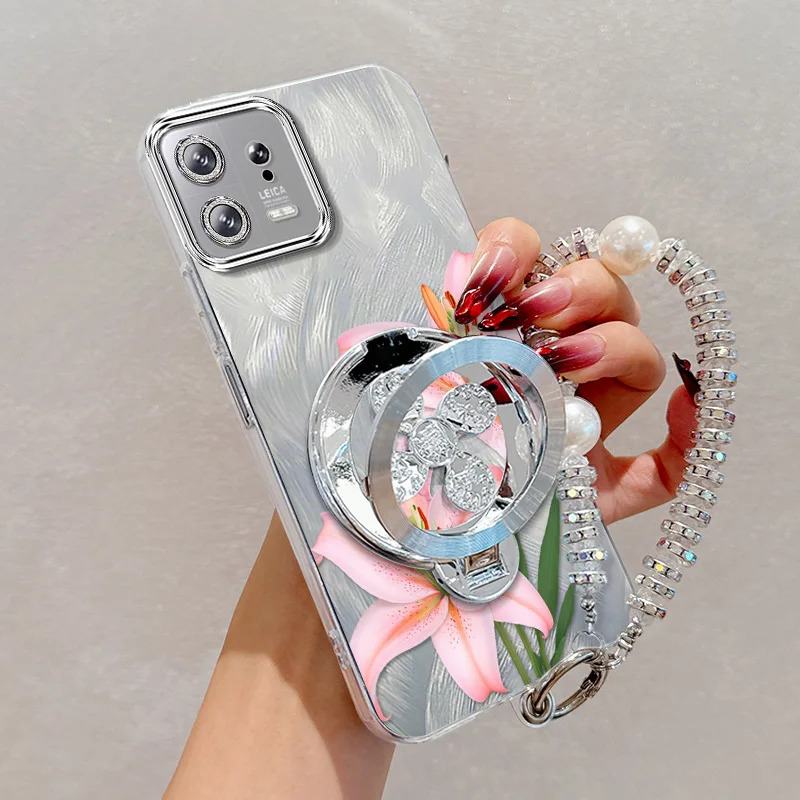 Pink Flowers Phone Case Set with Lanyard and Stand