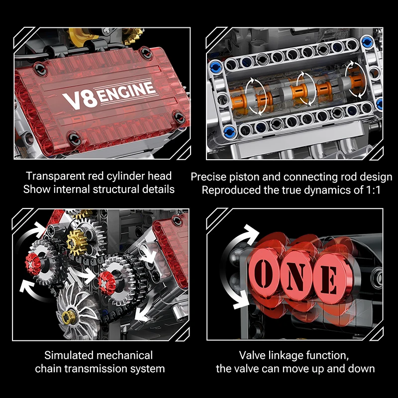 Motorisiertes V8-Motor-Simulationsmodell aus Bausteinen, elektrisch angetrieben, technische Autoteile, kreatives Spielzeug, Geschenk_voghion.com