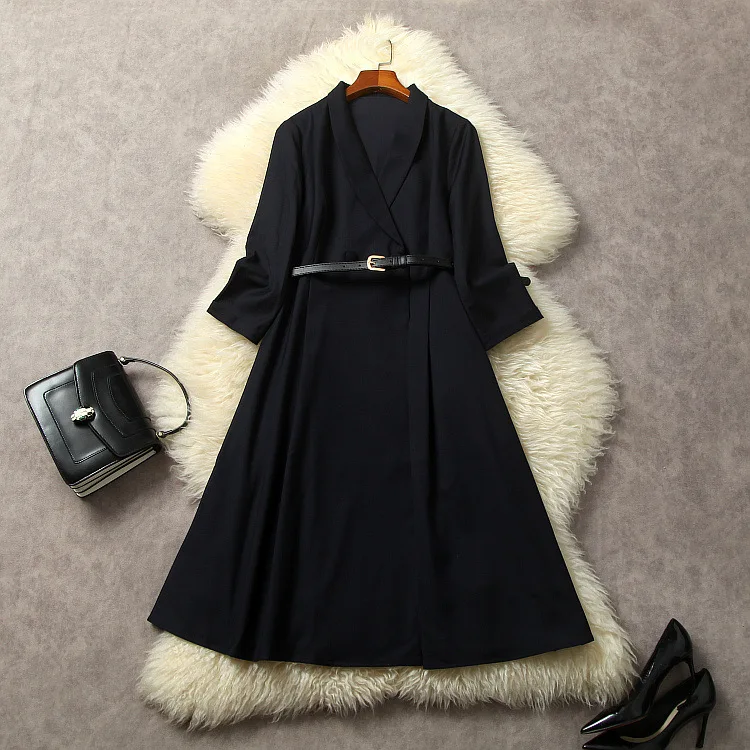 

European and American women's clothing 2023 autumn new Seven-quarter sleeve lapel belt fashion Pleated dress