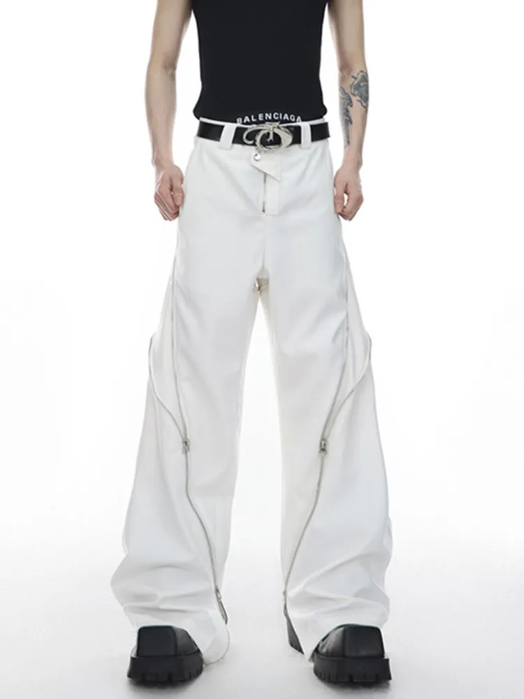 Niche Design Zipper Slit Men Trousers Straight Tube Casual Pants Wide Leg Darkwear Solid Color Male Fashion 9A5414