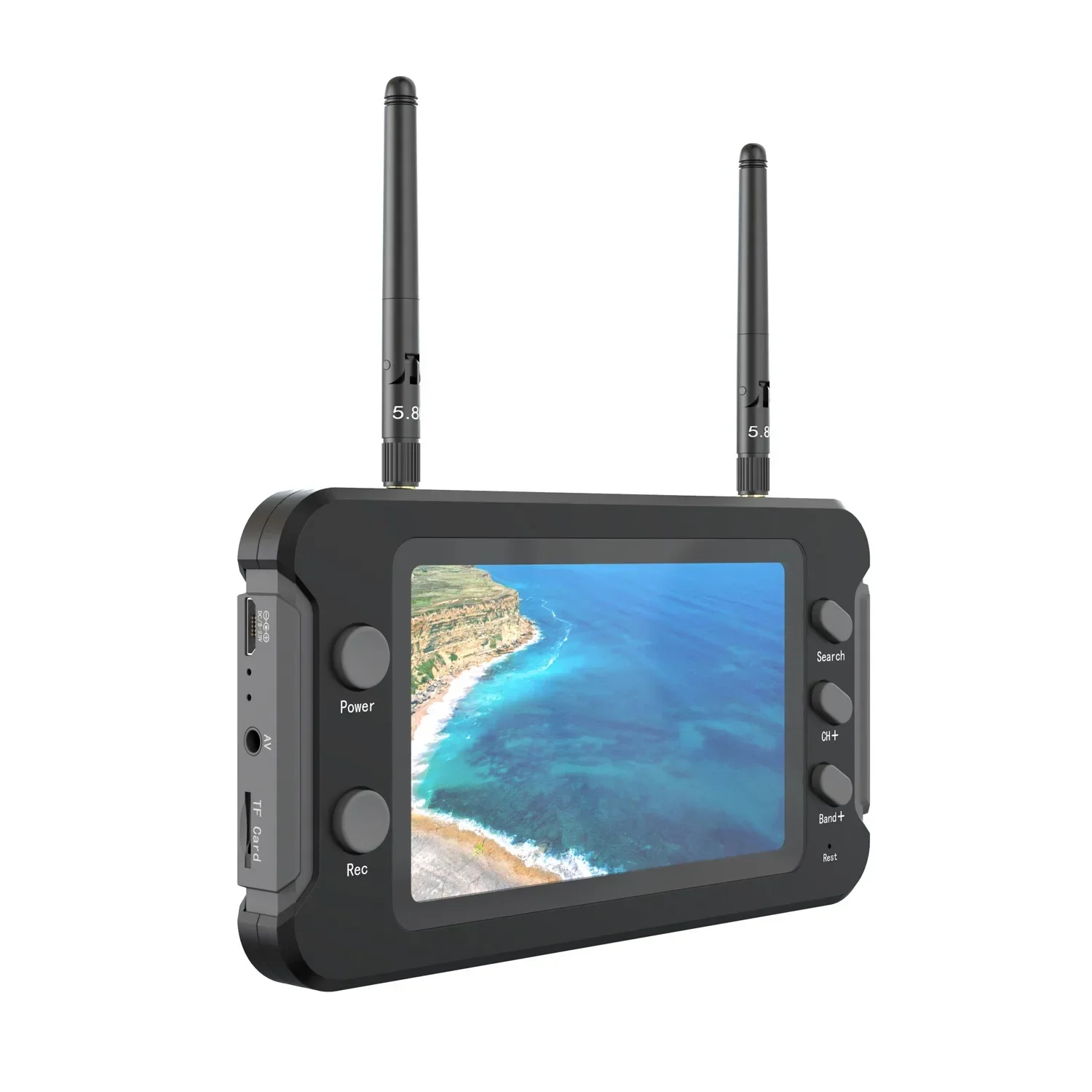 Moniteur FPV 5.8G 4.3 pouces avec DVR, vue arrière avec antennes et connectiques