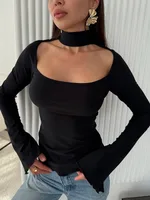 Haut décontracté à manches longues pour femmes, couleur unie, col suspendu, col carré, coupe cintrée, fente élégante, nouvelle collection automne/hiver 1