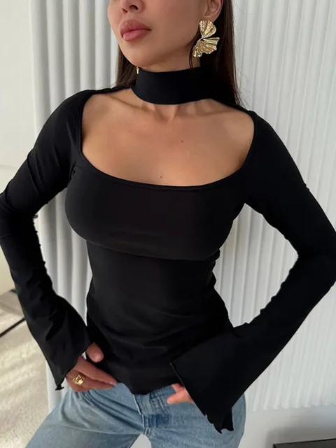 Haut décontracté à manches longues pour femmes, couleur unie, col suspendu, col carré, coupe cintrée, fente élégante, nouvelle collection automne/hiver 1
