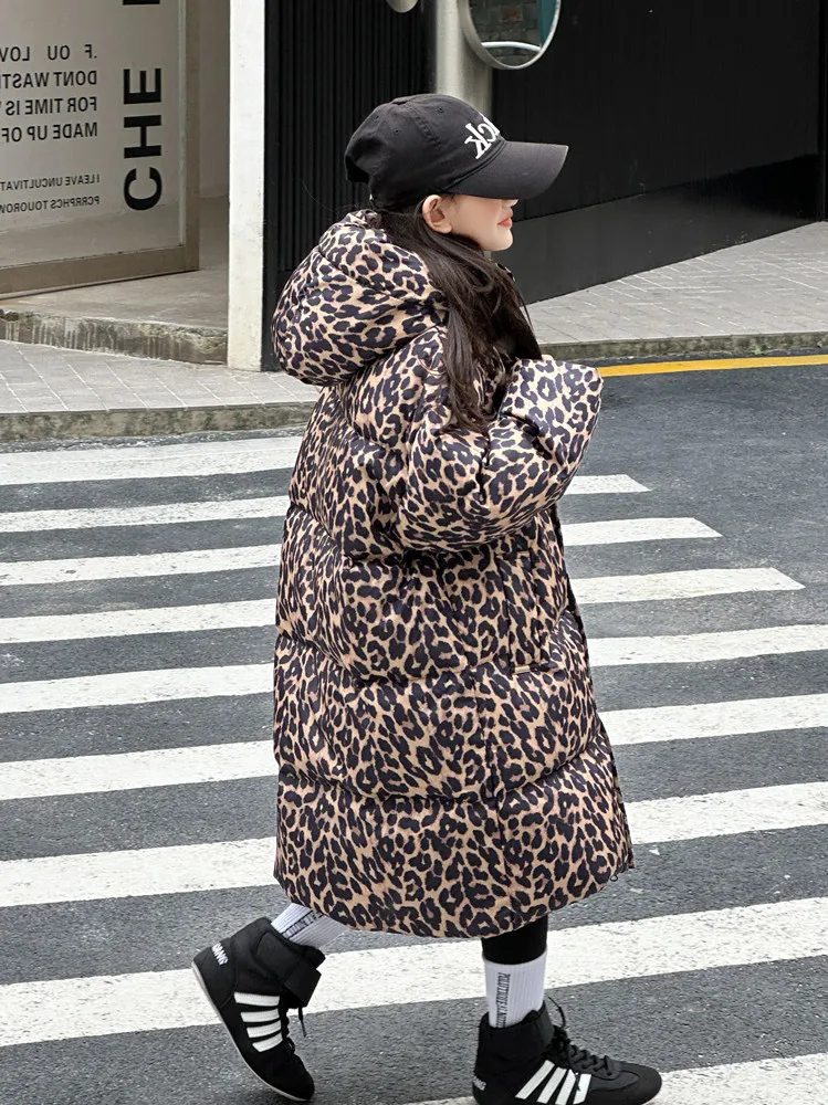 패션 키즈 레오파드 프린트 다운 코트 두꺼운 따뜻한 롱 후드 재킷 겨울 남아 여아  의류