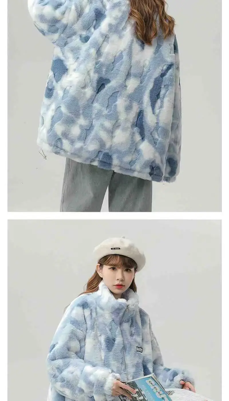 Tie dye Lamb wool Coat 2025 New Winter Trendy Student Cotton Jacket Thicken Loose Stand collar Coats Female Warm Parka Overcoat