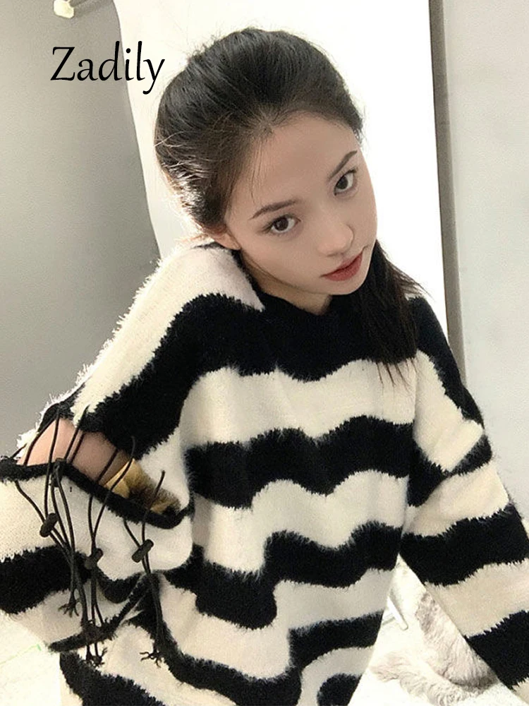 

Zadily 2023 Winter Streetwear Long Sleeve Loose Women Striped Sweater Korea Style Hollow Out Ladies Pullovers Warm Clothing