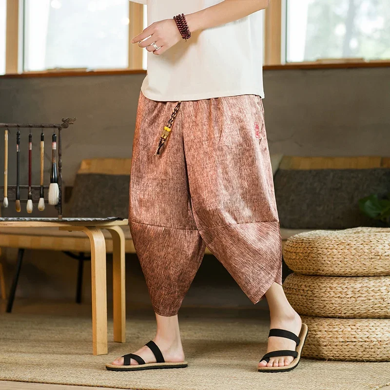 Ice Silk Pants Men Japanese Samurai Shorts Loose Casual Harajuku Men Calf-Lenght Pants Retro Yukata Wide Leg Trousers Streetwear 2