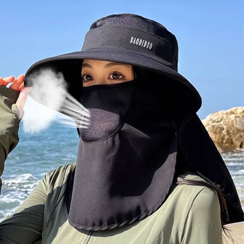 넓은 챙 숄 햇빛 모자, 풀 페이스 마스크, 메쉬 할로우 아웃 분리형 얼굴 커버, 버킷 햇, 야외 사이클링 하이킹 자외선 차단 바이저 캡