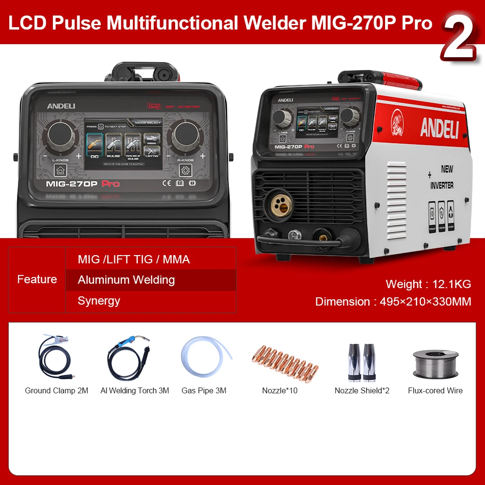 ANDELI 220V MIG Welding Machine Large LCD Screen Double Pulse Synergy Semi-automatic MIG Welder