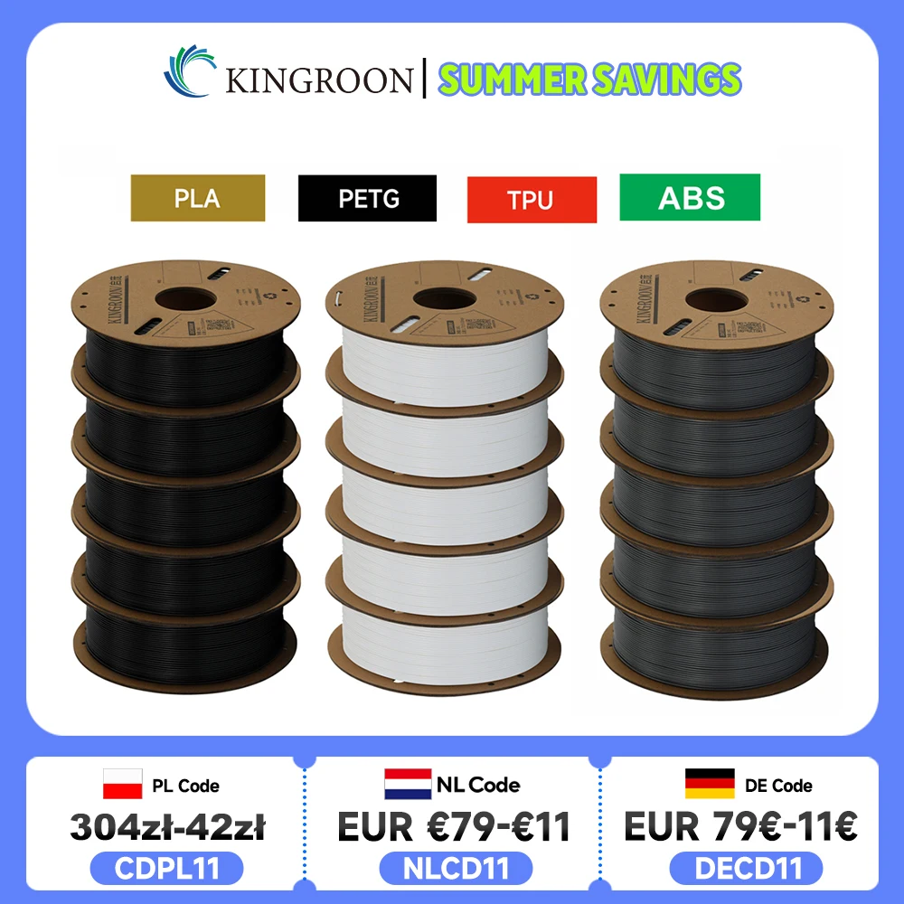KINGROON – Filament d'imprimante 3D PLA PETG TPU ABS, lot de 5KG, noir, blanc, gris, 1.75mm, sans bulles, plastique, 5 rouleaux de 1kg, bobine aléatoire