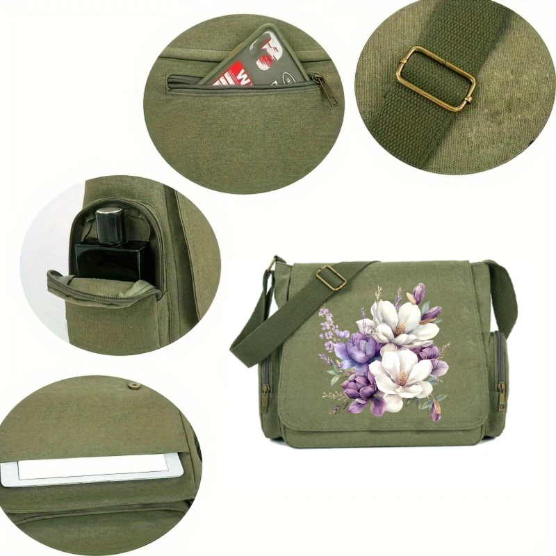 Vintage Women's Shoulder Bag Large Capacity Canvas Floral Print Messenger Bag for Daily Use Crossbody Bag