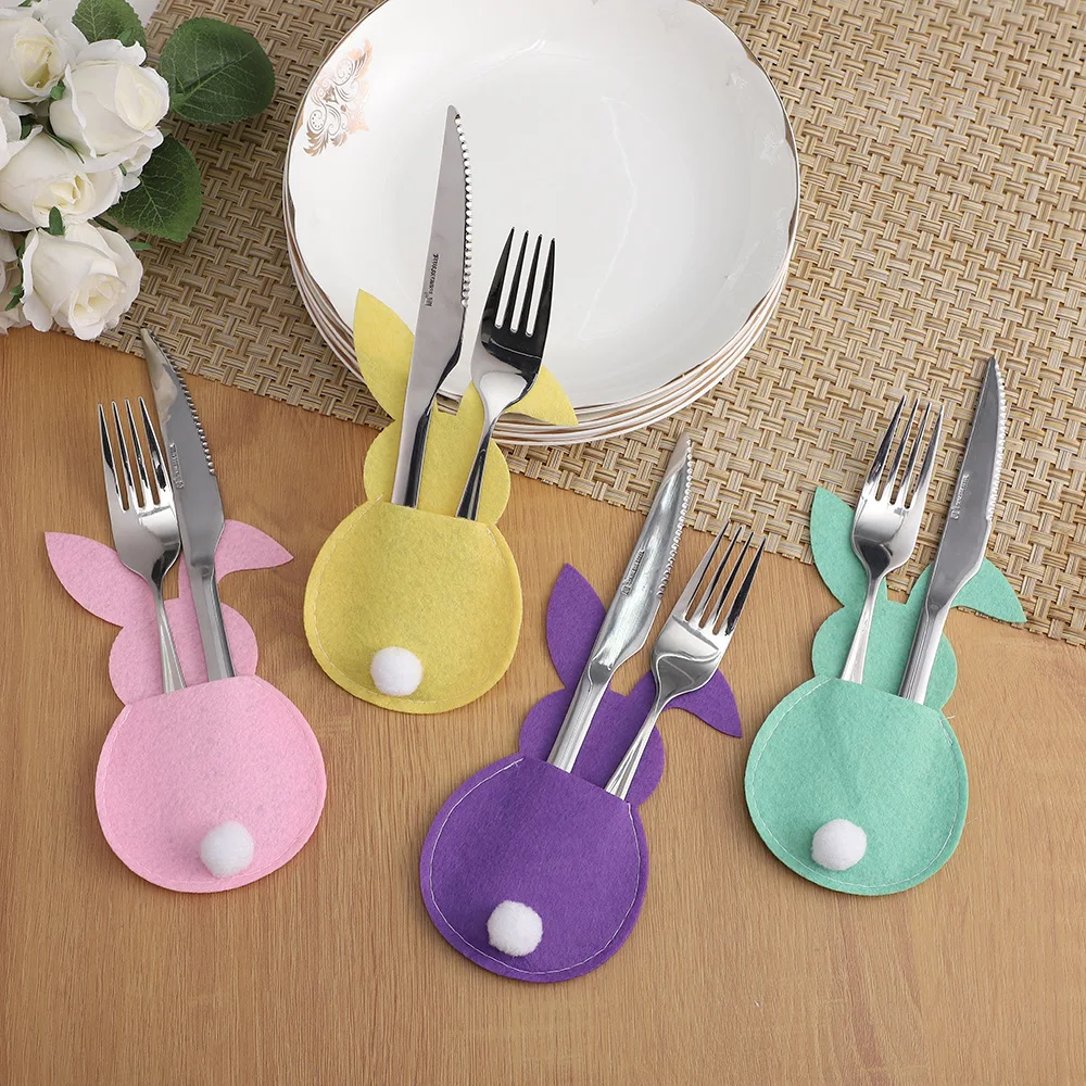

4PC/bag Easter Bunny Cutlery Knife Fork Cover Table with Tail Rabbit Cutlery Happy Easter Felt Fabric Tableware Decoration Bags