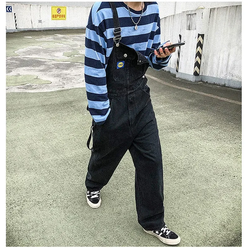 Overalls Men Denim Jumpsuit Straight Jeans Hip Hop Big Pocket Wide Leg Cargo Pants Fashion Casual Loose Male's Rompers Trousers