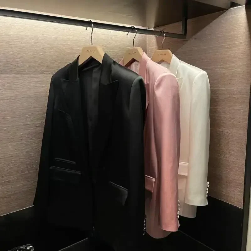 High-grade White Small Suit Jacket for Women Spring New Acetate Sag Satin Fashion Suit for Socialite Women's Clothing Fashion 4