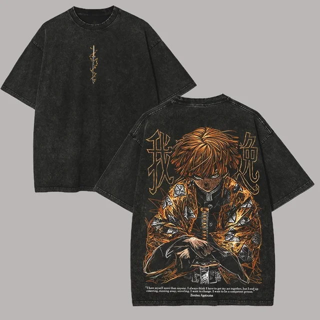 Demon Slayer Zenitsu Graphic T-shirt Manga Print Vintage Washed Oversized T Shirt Men Women Clothing Cotton Short Sleeve Tee Top 1