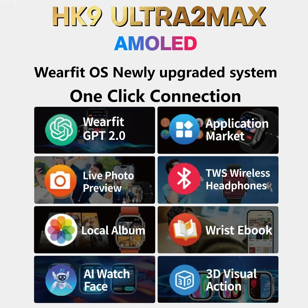 HK9 울트라 2 맥스 AMOLED 스마트 워치, 2GB ROM 사진 앨범, NFC 나침반, ChatGPT 심박수, BT 통화, 스포츠 스마트워치, 남녀공용, 2024 신제품
