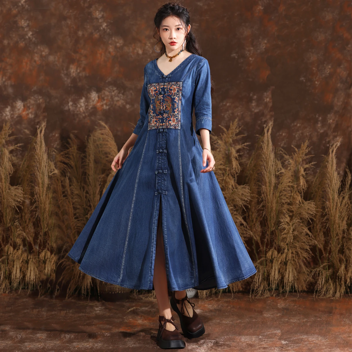 

Women Clothing 2023 Spring And Summer Female Vestidos Niche Handmade Disc Button Denim Long Dresses Ethnic Embroidery Dress