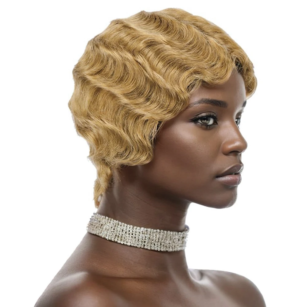 Colored Brown Short Pixie Cut Wigs For Black Women Mommy Wig Brazilian Human Hair Wigs Finger Ocean Wave Wig Human Hair