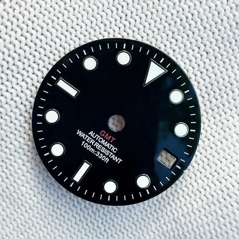 Blue Green Luminous GMT Watch Dial with Date Window - Gloss Finish, 28.5mm