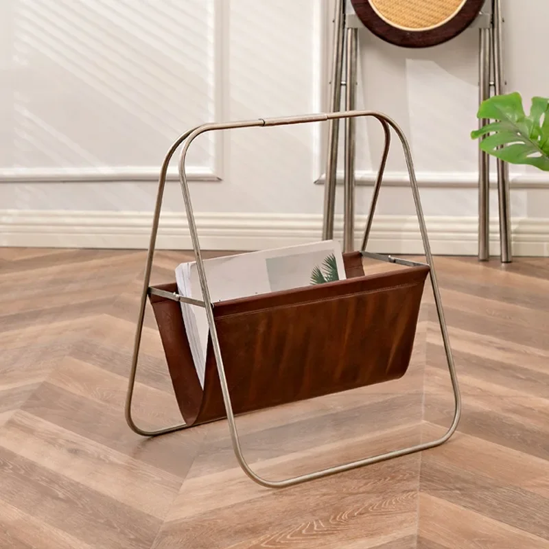 Simple Stainless Steel Leather Book and Newspaper Storage Rack Household Storage Rack Newspaper and Magazine
