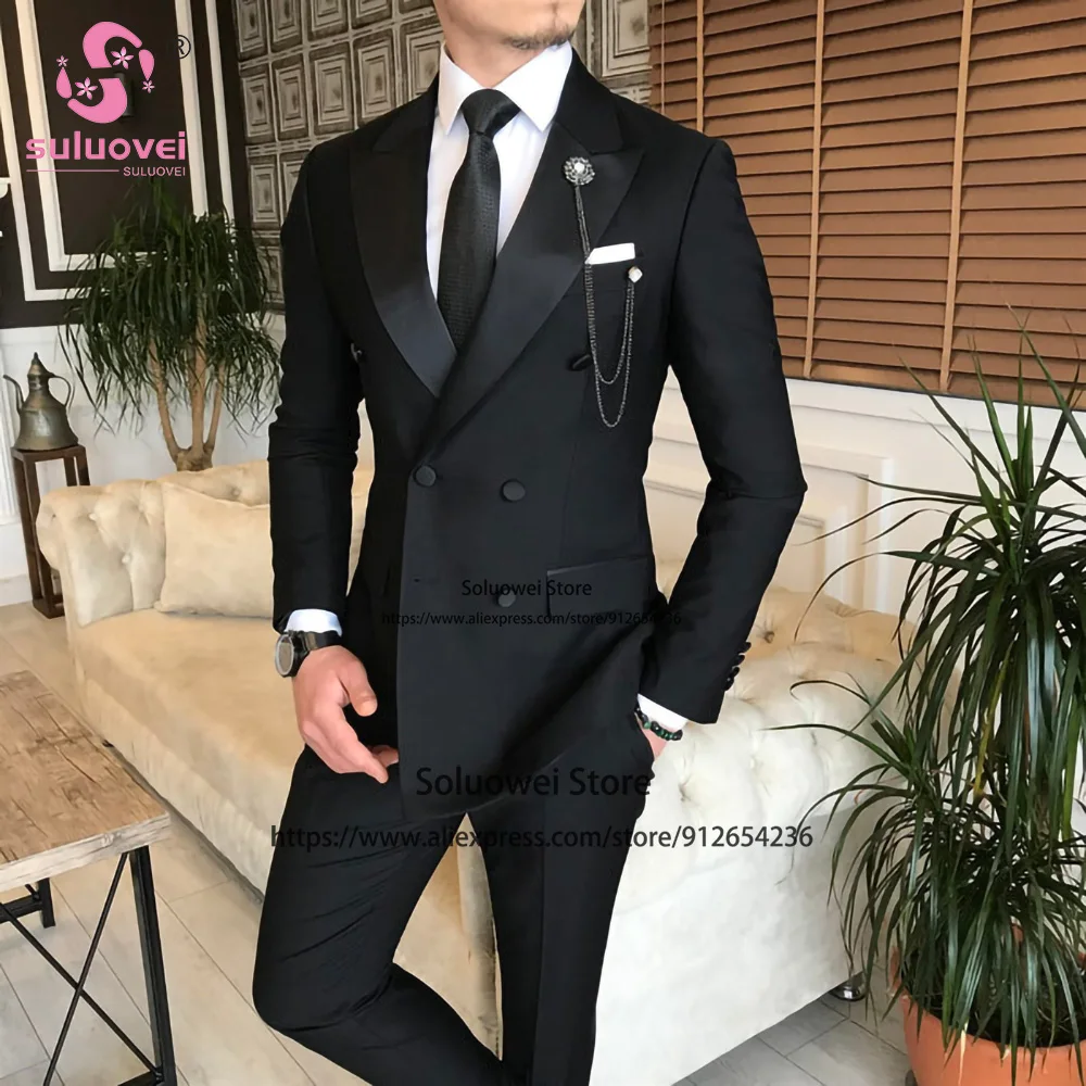 Fashion Groom Wedding Double Breasted Tuxedo Slim Fit 2 Piece Jacket Pants Set Business Blazer Formal Peaked Lapel Suits For Men