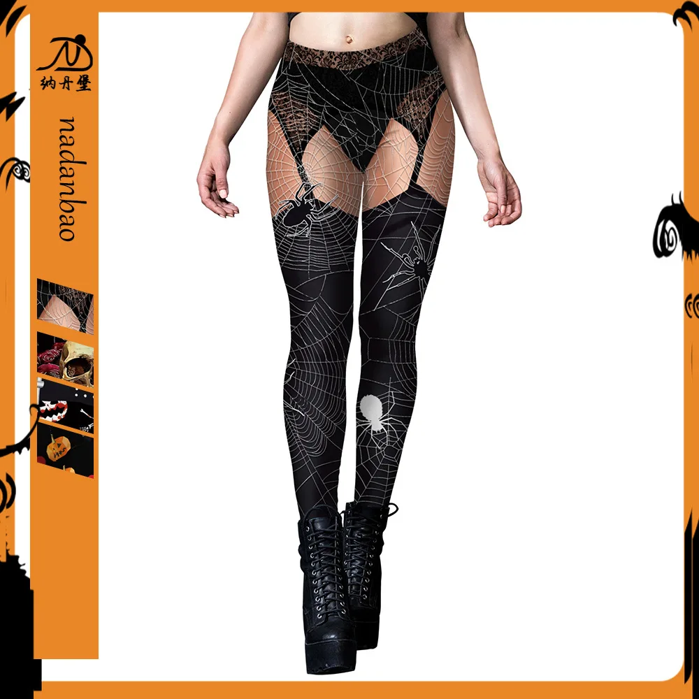 

B230-1084 European and American Halloween Carnival Night Scary Skull Spider Web Printed Tight Leggings Women's Clothing