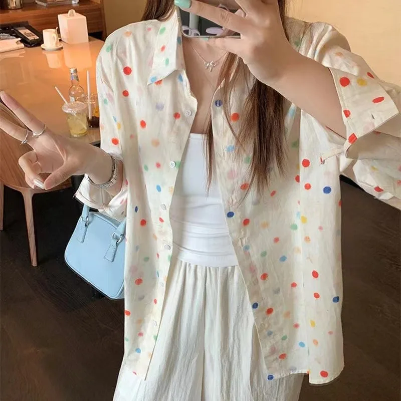 Colorful Polka Dot Blouse for Women Casual Loose Sunscreen Shirt Sweet Loose Tops Spring and Summer Clothes Fashion 1974