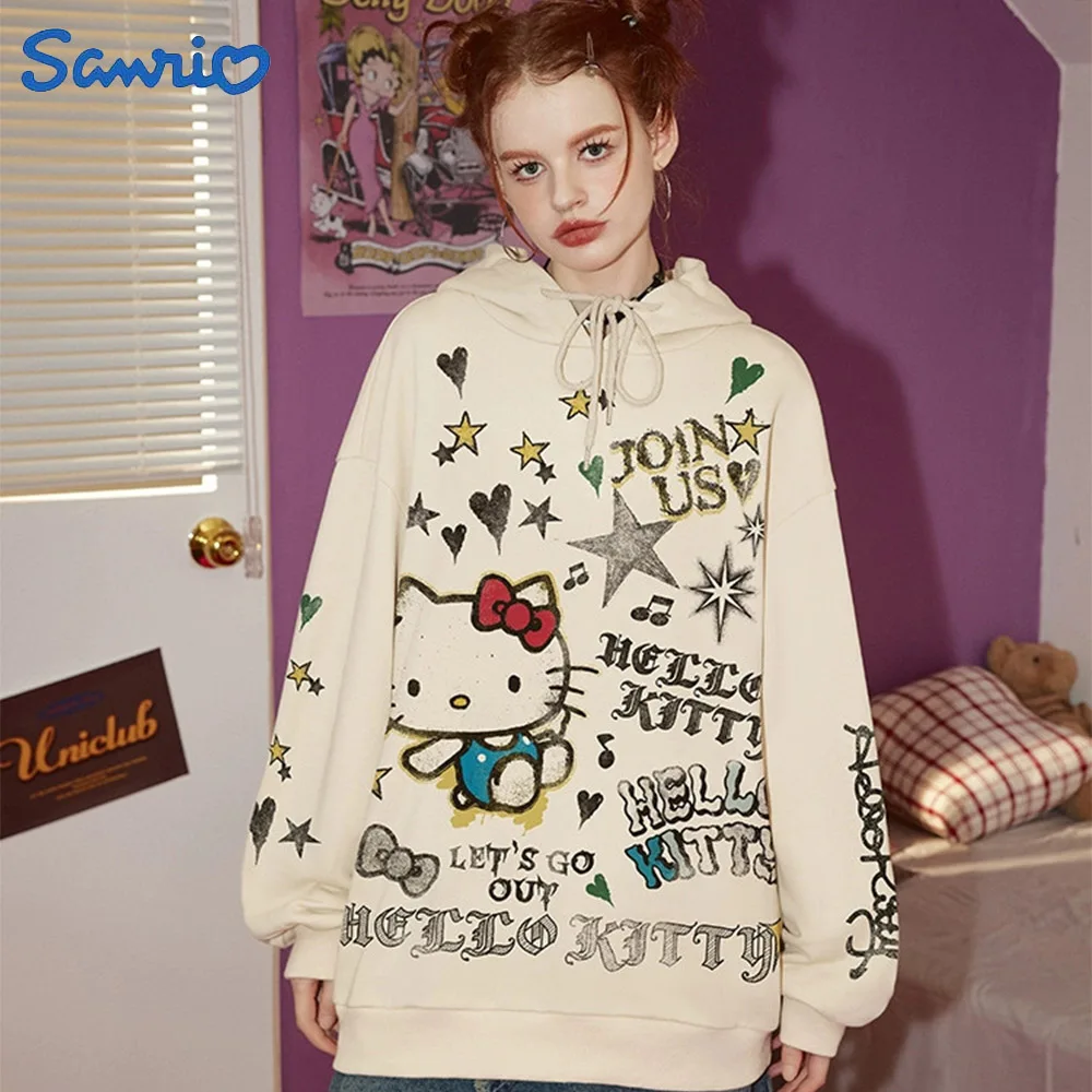 

Cartoon Hello Kittys Hoodies Hooded Sweater Loose Top Plush American Graffiti Street Style Kawaii Girl Pullover Sweater Clothing