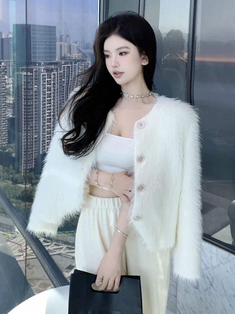 

High Quality Women's Winter Mink Fur Coat Solid Fashion High Street Single Breasted Faux Fur Cropped Jacket Female Outerwear