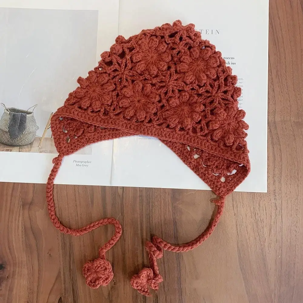 Breathable Handmade Knitted Hat Hollow Flower Crochet Skullies Hat Casual Versatile Princess Cap for Unisex Girls