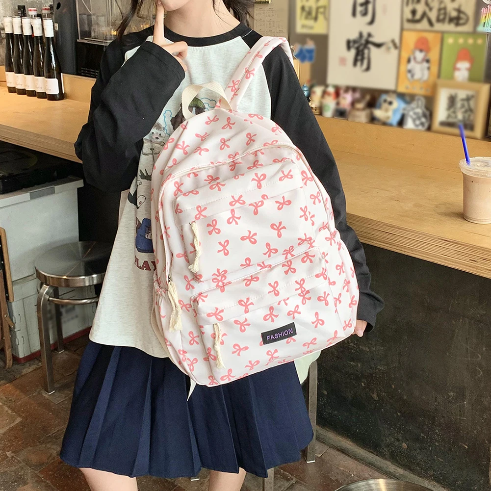 Bow Print School Backpack Preppy Laptop Bag College Backpack for Teen Girls