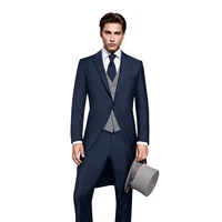 Men's Navy Blue Swallow-Tailed Suit One Button Peak Lapel Jacket Grey Vest Pants Groom Dinner Blazer Wedding Tailcoat Men Suits