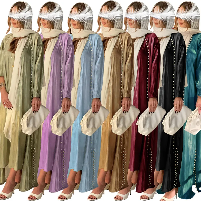 

Vintage Satin Silk Middle East Dress Pearls Long Sleeves Coat Two Pieces Dresses Open Abaya Elegant Dubai Gowns Caftan