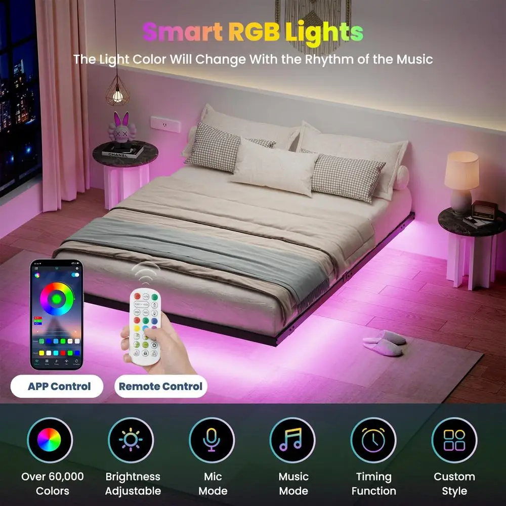 Floating Bed Frame Queen Size with Hidden LED Lights Adjustable Brightness No Box Spring Needed Metal Platform with Storage 3